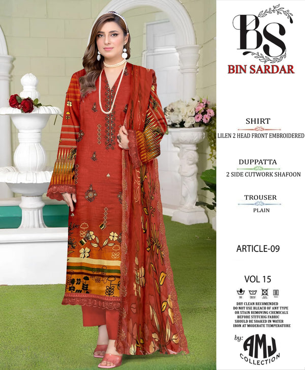 Bin Sardar 2 Head EMB Linen 3Piece Vol-15 (10 Suits Set)