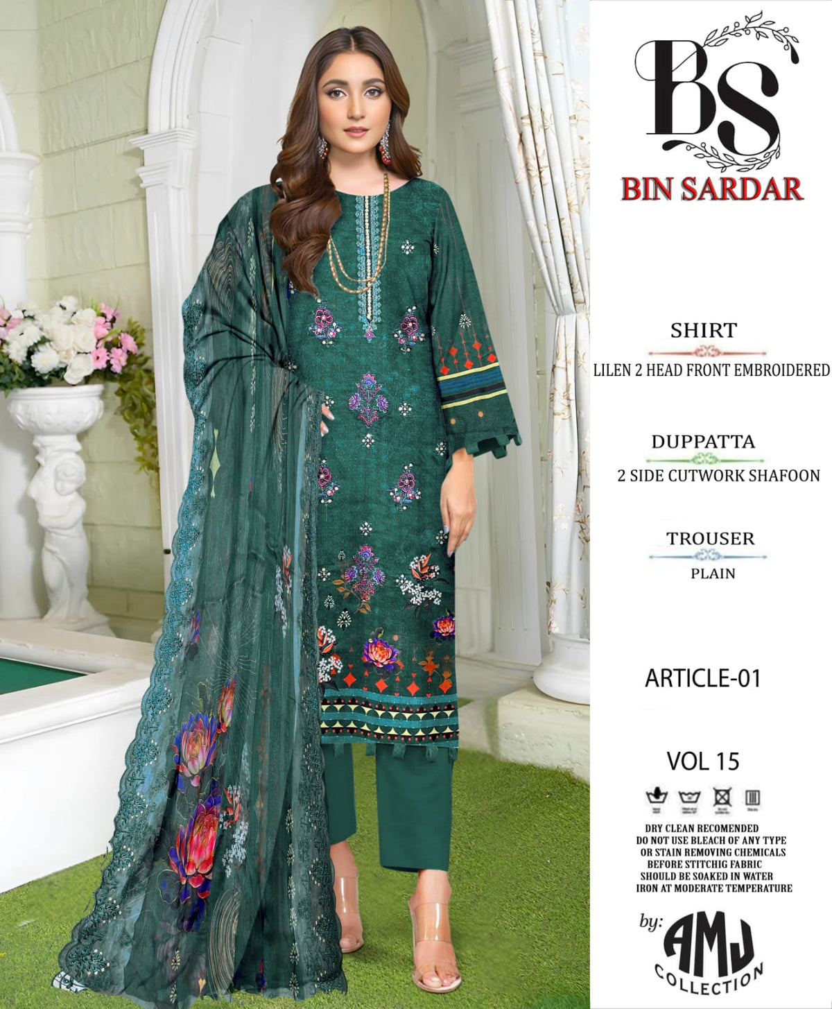 Bin Sardar 2 Head EMB Linen 3Piece Vol-15 (10 Suits Set)