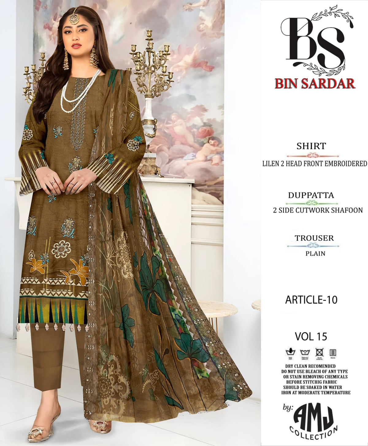 Bin Sardar 2 Head EMB Linen 3Piece Vol-15 (10 Suits Set)
