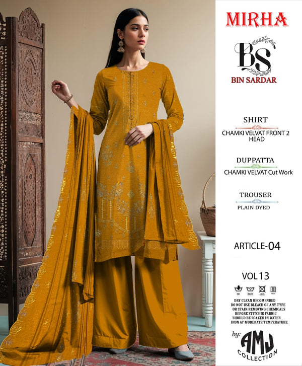 Bin Sardar 2 Head EMB Dhanak Velvet Chamki 3Piece Vol-13 (6 Suits Set)