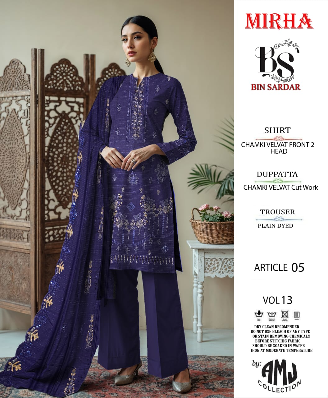 Bin Sardar 2 Head EMB Dhanak Velvet Chamki 3Piece Vol-13 (6 Suits Set)