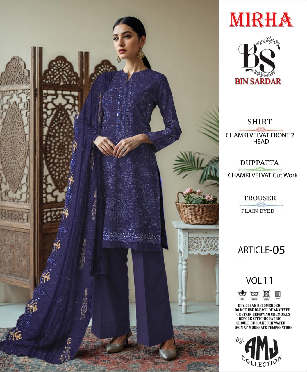 Bin Sardar 2 Head EMB Dhanak Velvet Chamki 3Piece Vol-11 (6 Suits Set)