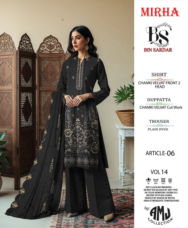 Bin Sardar 2 Head EMB Dhanak Velvet Chamki 3Piece Vol-14 (6 Suits Set)