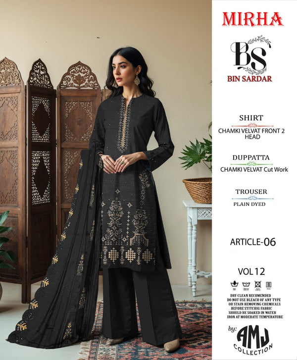 Bin Sardar 2 Head EMB Dhanak Velvet Chamki 3Piece Vol-12 (6 Suits Set)