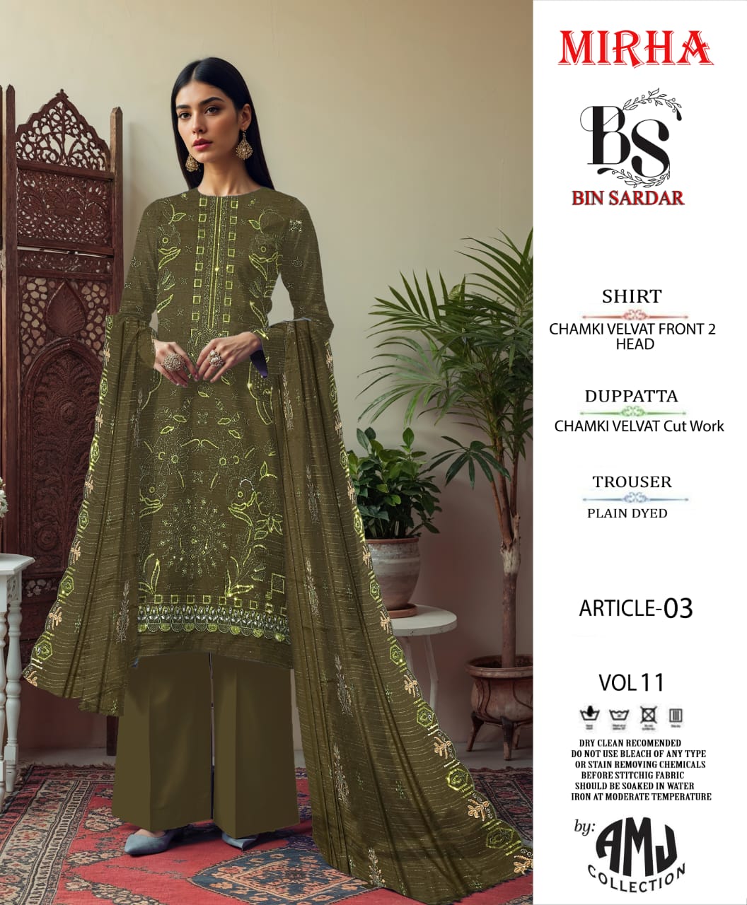 Bin Sardar 2 Head EMB Dhanak Velvet Chamki 3Piece Vol-11 (6 Suits Set)