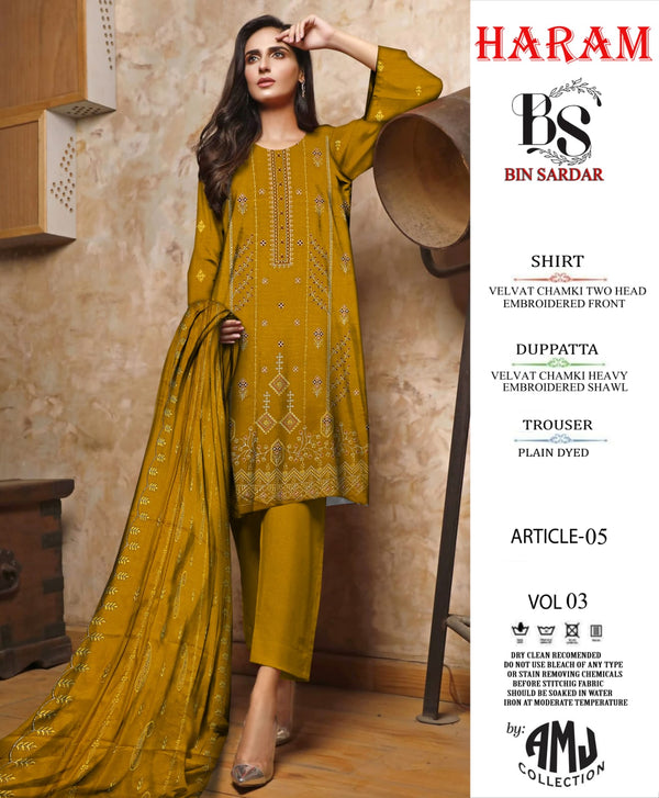 Bin Sardar 2 Head EMB Dhanak Velvet Chamki 3Piece Vol-3 (6 Suits Set)