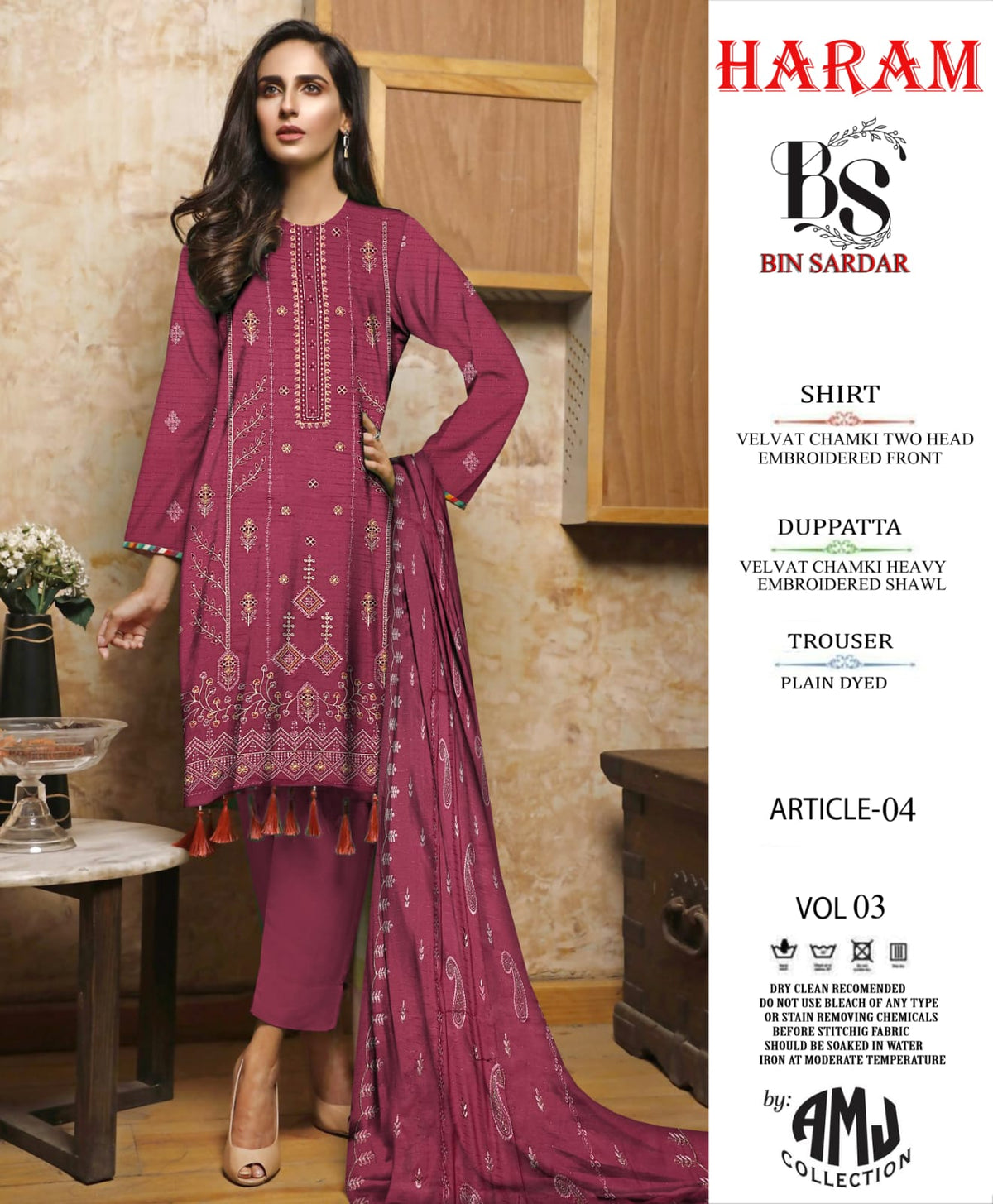 Bin Sardar 2 Head EMB Dhanak Velvet Chamki 3Piece Vol-3 (6 Suits Set)