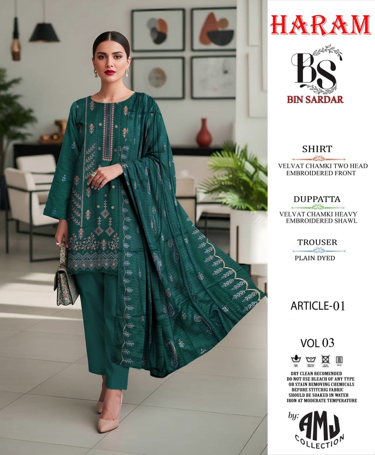 Bin Sardar 2 Head EMB Dhanak Velvet Chamki 3Piece Vol-3 (6 Suits Set)