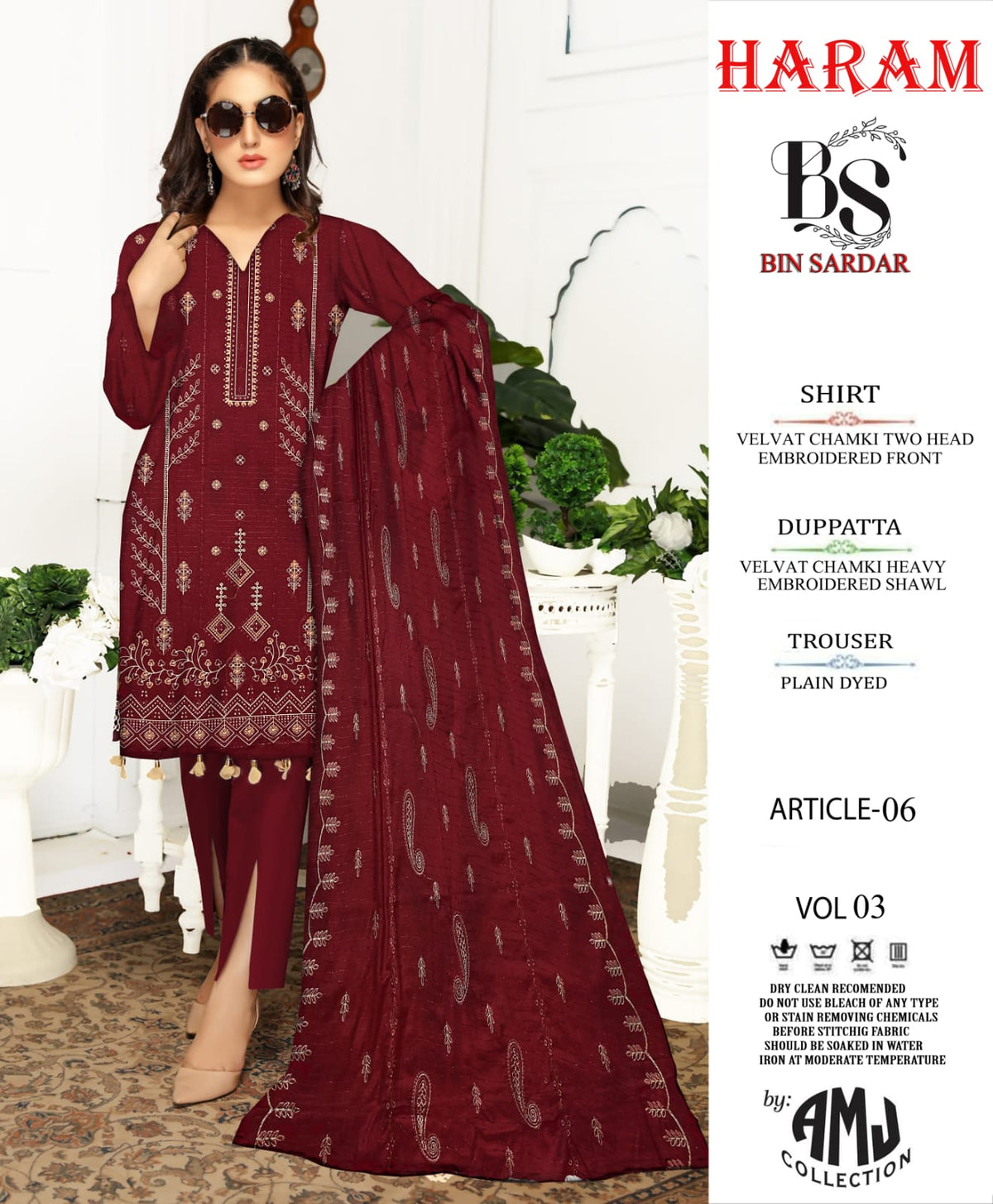 Bin Sardar 2 Head EMB Dhanak Velvet Chamki 3Piece Vol-3 (6 Suits Set)