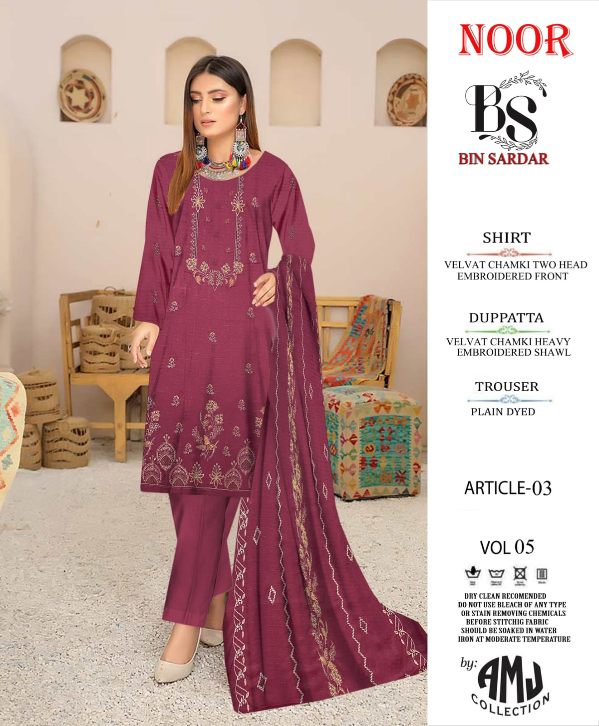 Bin Sardar 2 Head EMB Dhanak Velvet Chamki 3Piece Vol-5 (6 Suits Set)