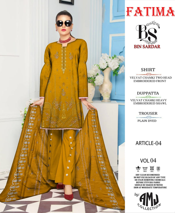 Bin Sardar 2 Head EMB Dhanak Velvet Chamki 3Piece Vol-4 (6 Suits Set)