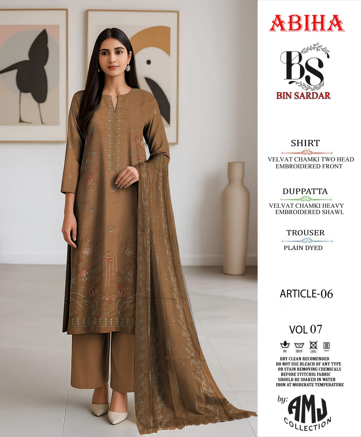 Bin Sardar 2 Head EMB Dhanak Velvet Chamki 3Piece Vol-7 (6 Suits Set)