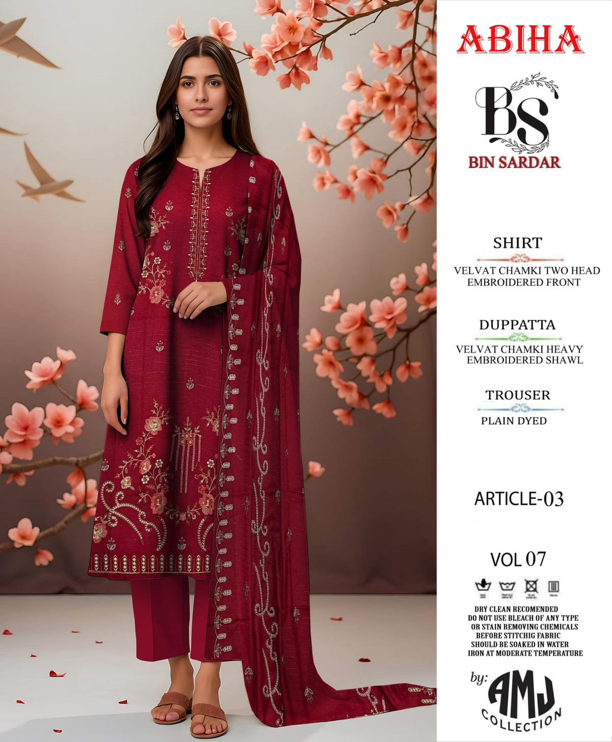 Bin Sardar 2 Head EMB Dhanak Velvet Chamki 3Piece Vol-7 (6 Suits Set)