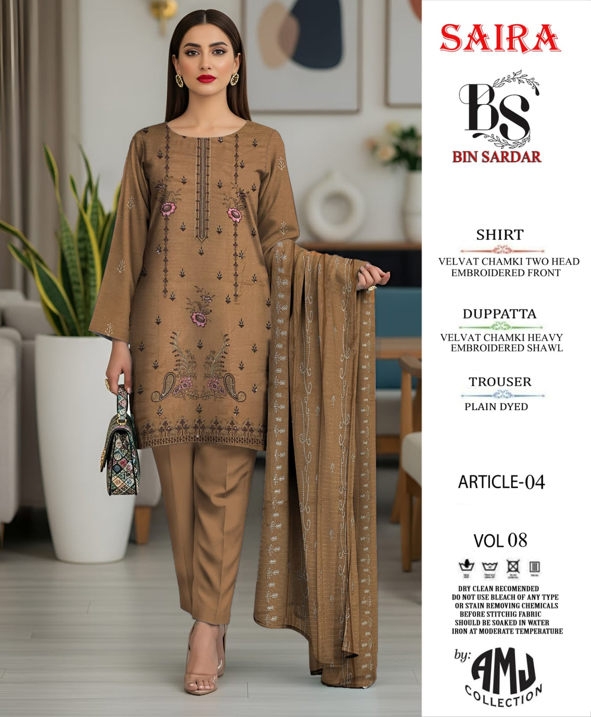 Bin Sardar 2 Head EMB Dhanak Velvet Chamki 3Piece Vol-8 (6 Suits Set)