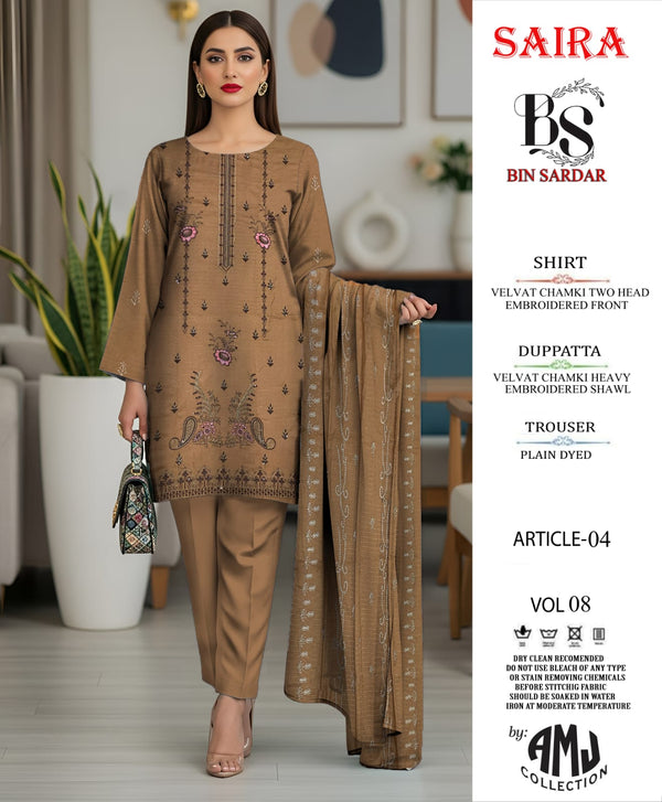 Bin Sardar 2 Head EMB Dhanak Velvet Chamki 3Piece Vol-8 (6 Suits Set)