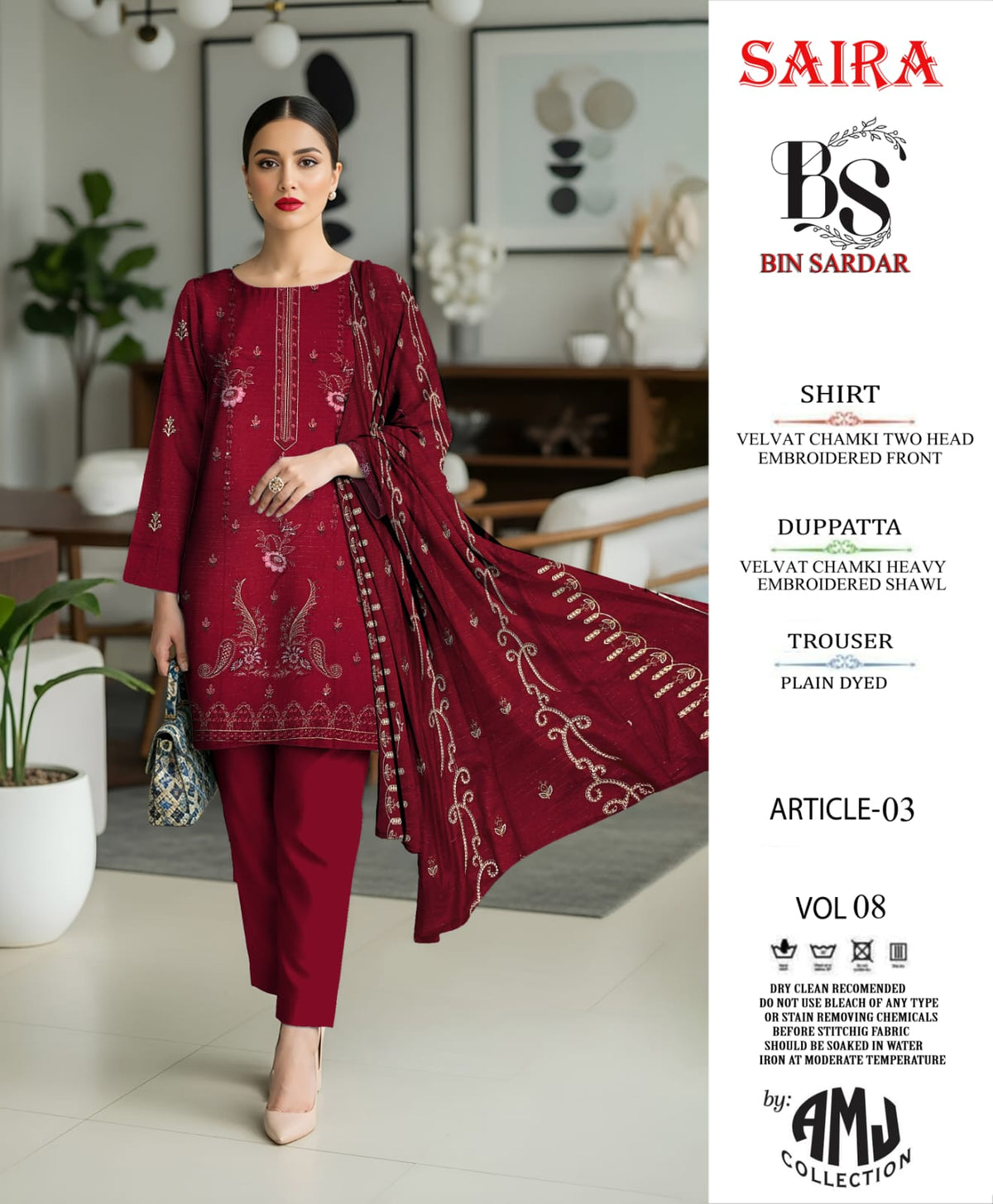 Bin Sardar 2 Head EMB Dhanak Velvet Chamki 3Piece Vol-8 (6 Suits Set)