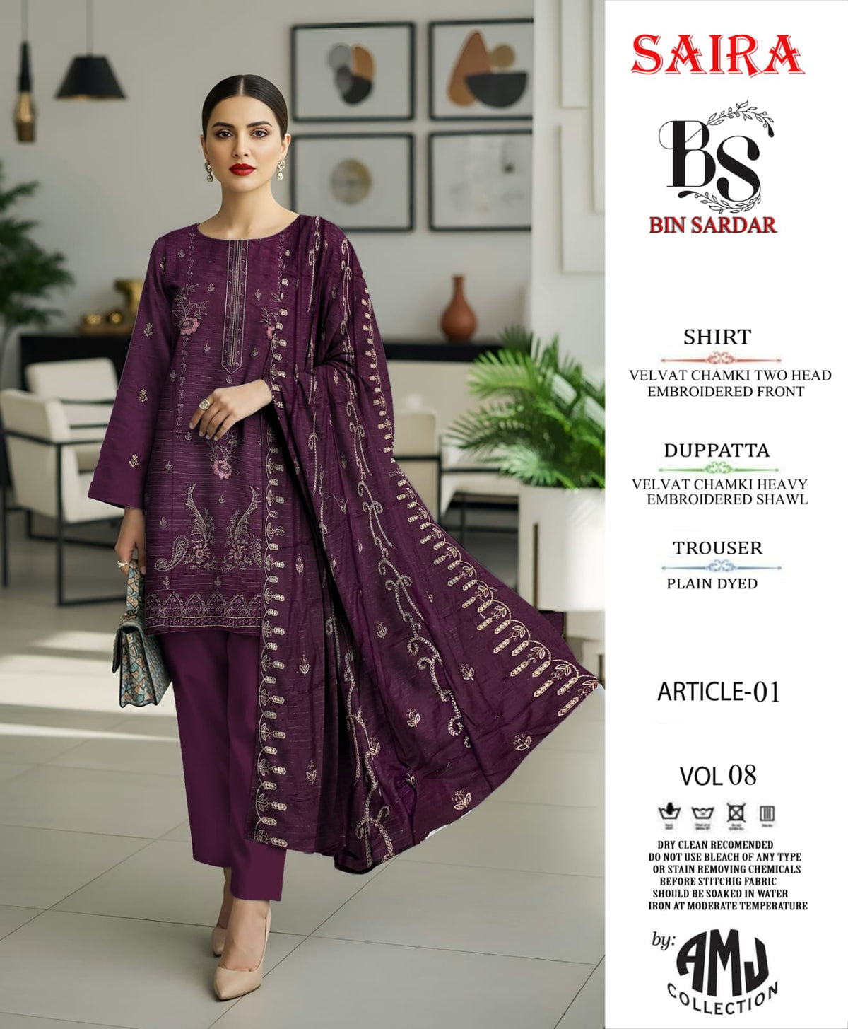 Bin Sardar 2 Head EMB Dhanak Velvet Chamki 3Piece Vol-8 (6 Suits Set)