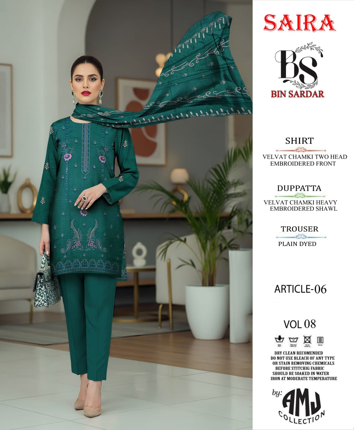 Bin Sardar 2 Head EMB Dhanak Velvet Chamki 3Piece Vol-8 (6 Suits Set)