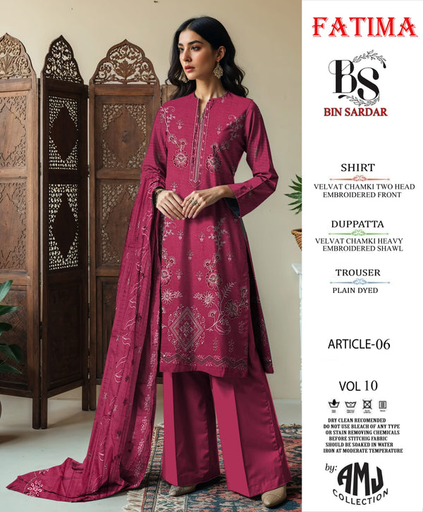 Bin Sardar 2 Head EMB Dhanak Velvet Chamki 3Piece Vol-10 (6 Suits Set)