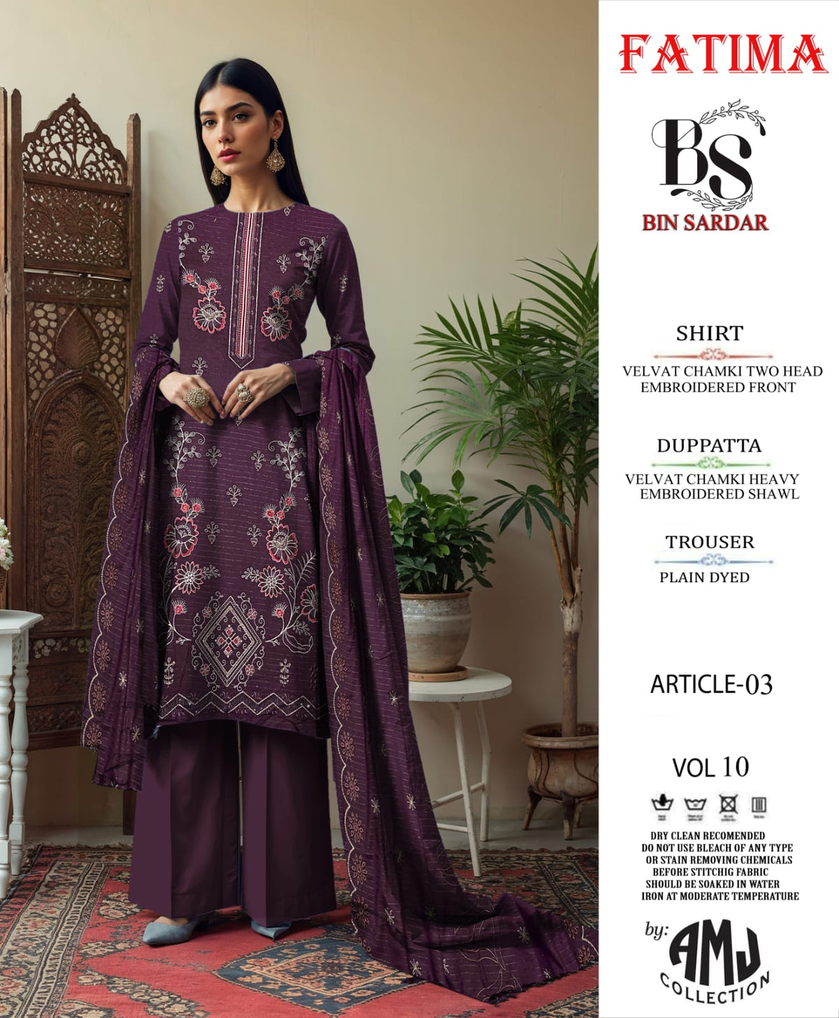 Bin Sardar 2 Head EMB Dhanak Velvet Chamki 3Piece Vol-10 (6 Suits Set)
