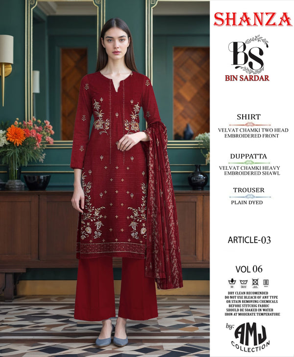 Bin Sardar 2 Head EMB Dhanak Velvet Chamki 3Piece Vol-6 (3 Suits Set)