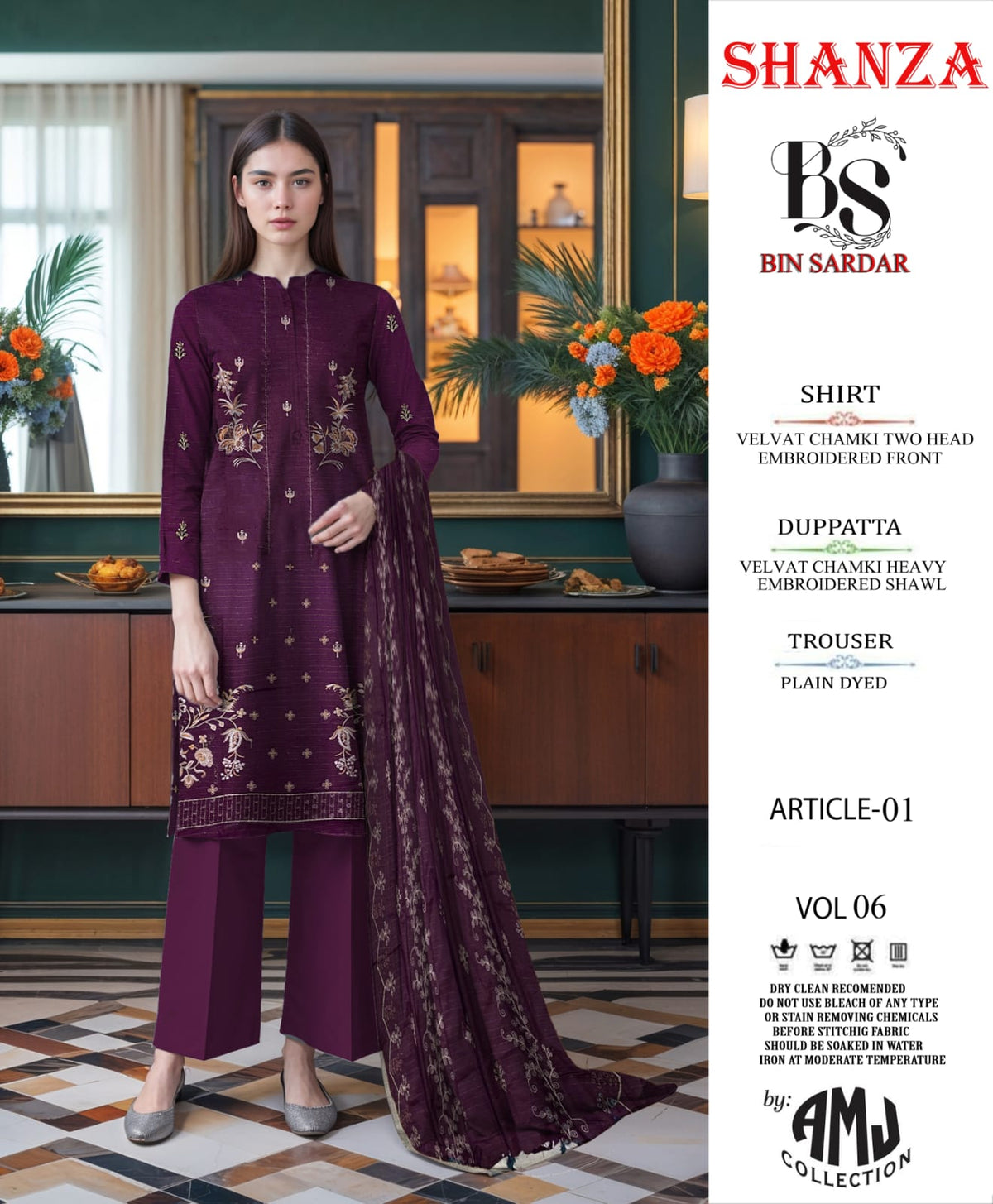 Bin Sardar 2 Head EMB Dhanak Velvet Chamki 3Piece Vol-6 (3 Suits Set)