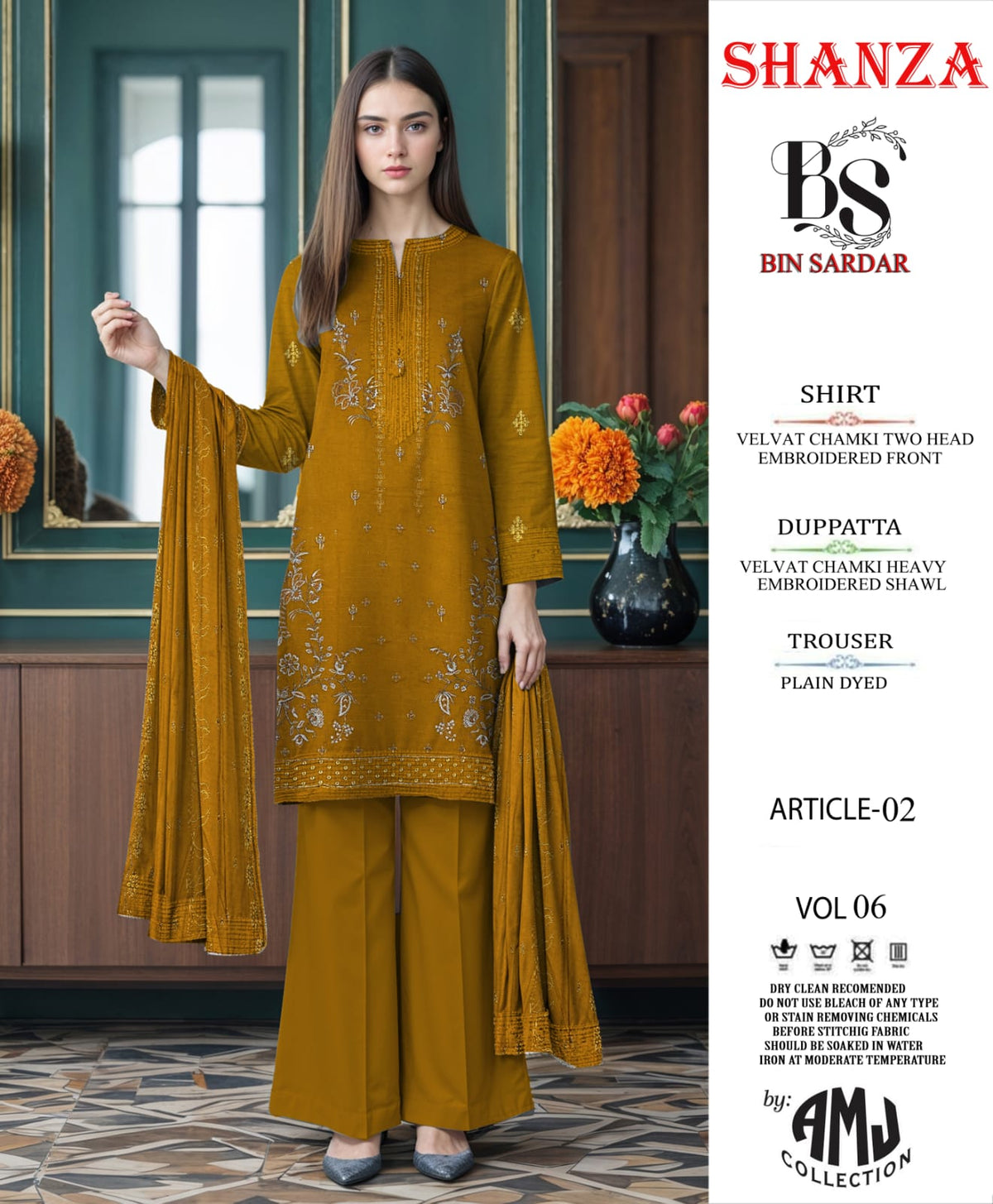 Bin Sardar 2 Head EMB Dhanak Velvet Chamki 3Piece Vol-6 (3 Suits Set)