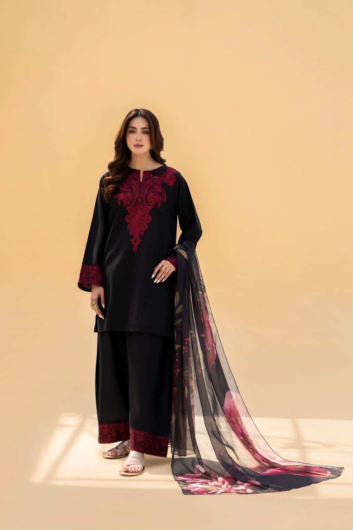 SF-394 Embroidered Black linen Three Piece Dress