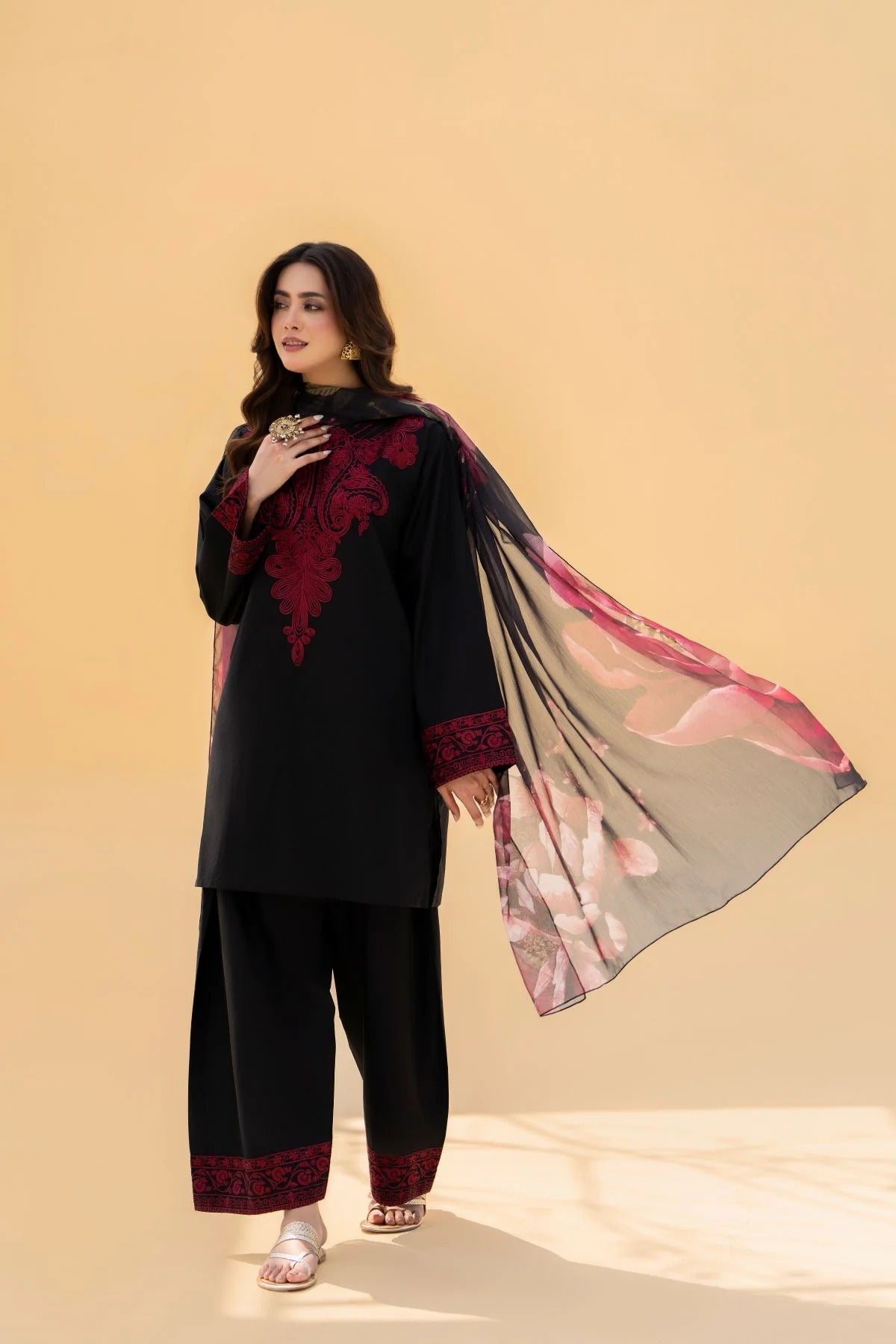 SF-394 Embroidered Black linen Three Piece Dress