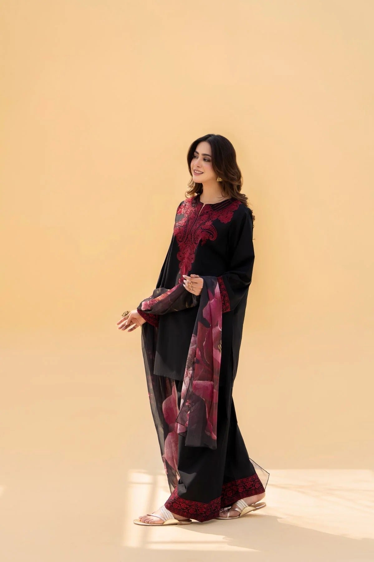 SF-394 Embroidered Black linen Three Piece Dress