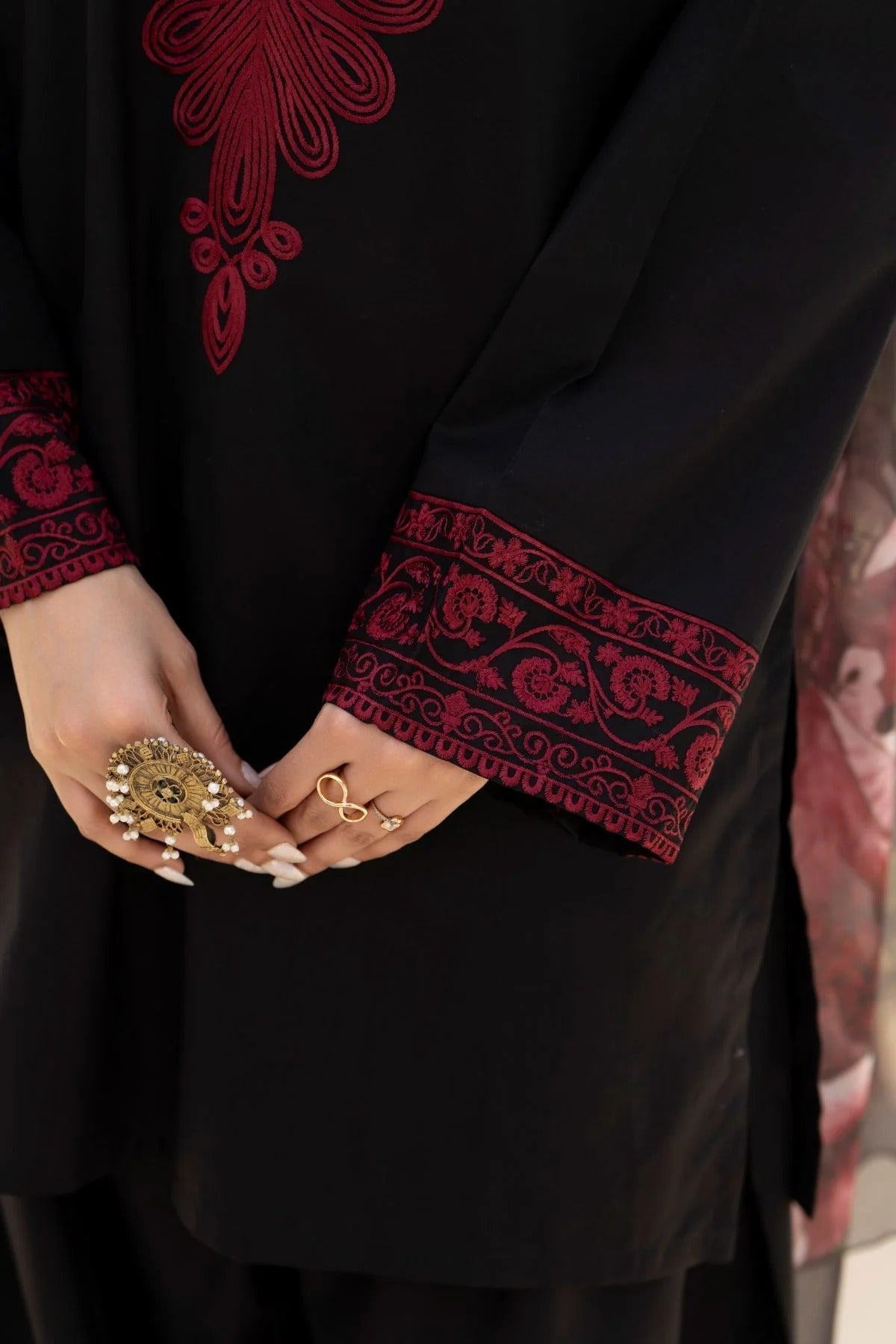 SF-394 Embroidered Black linen Three Piece Dress